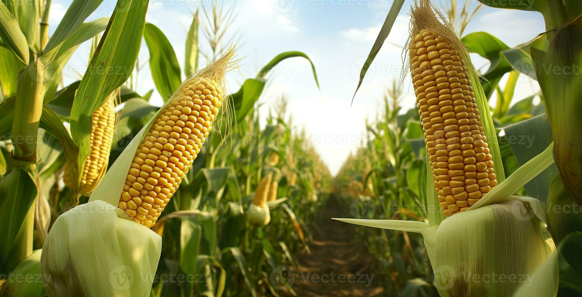 ai generado de cerca maíz mazorcas en maíz plantación campo. generativo ai foto