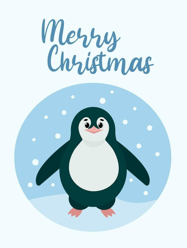 Postcard with a penguin. Happy Holidays.Greeting concept. Ideal for print, postcard or label. New Year card. Vector illustration on a white background.