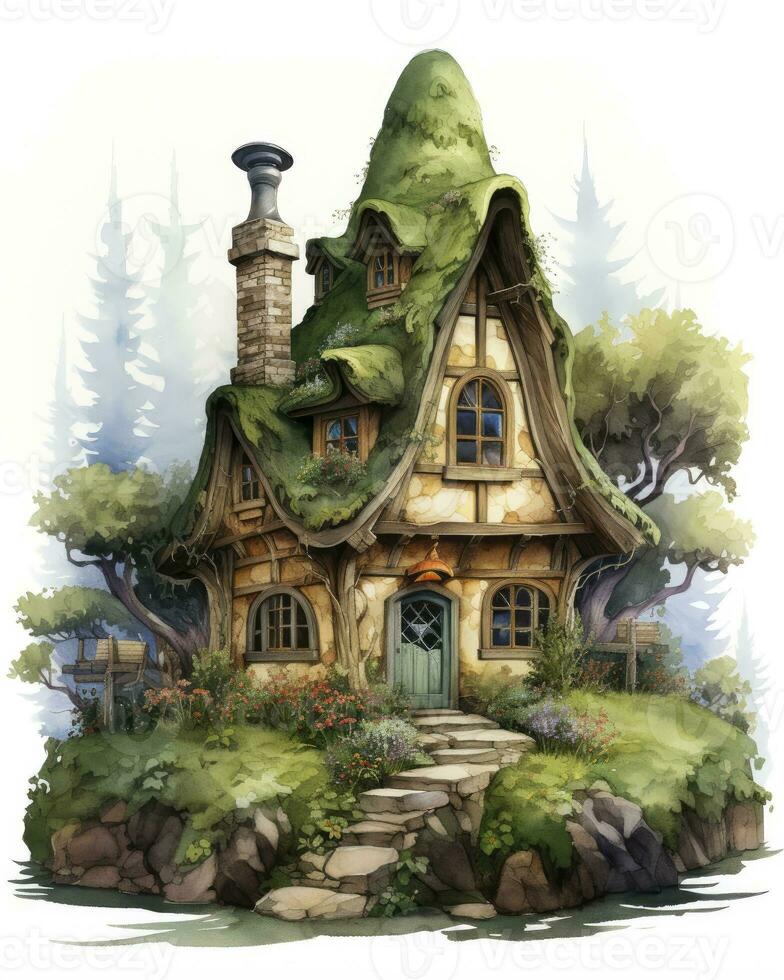 AI generated Watercolor mossy cottage isolated on white background. AI Generated photo