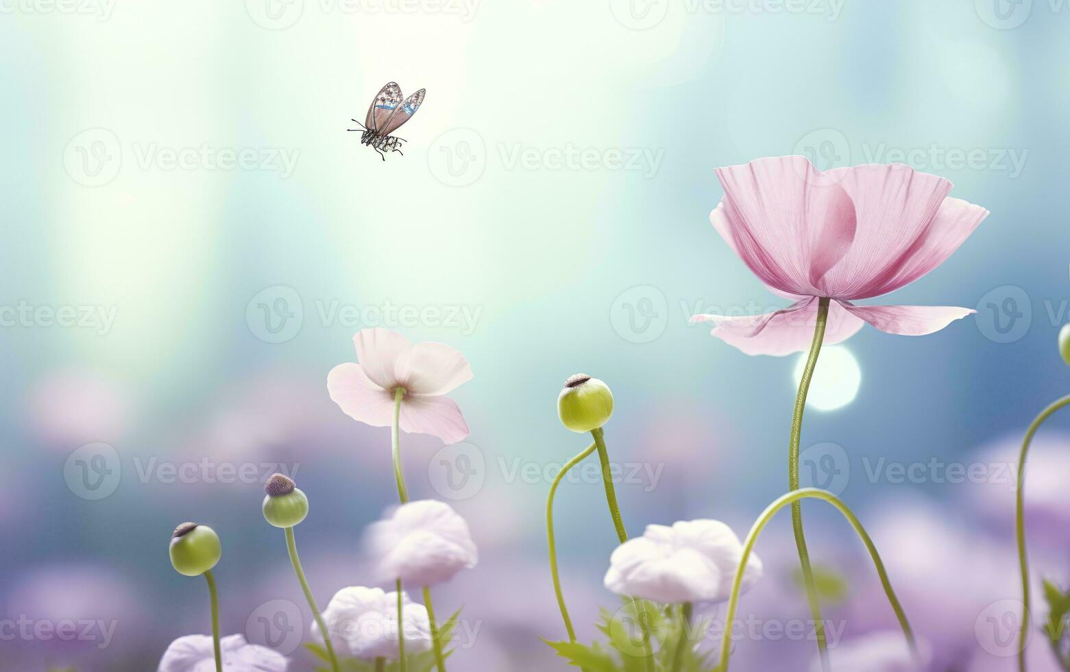 AI generated Fresh spring morning on nature and fluttering butterflies on a soft green background. Generative AI photo