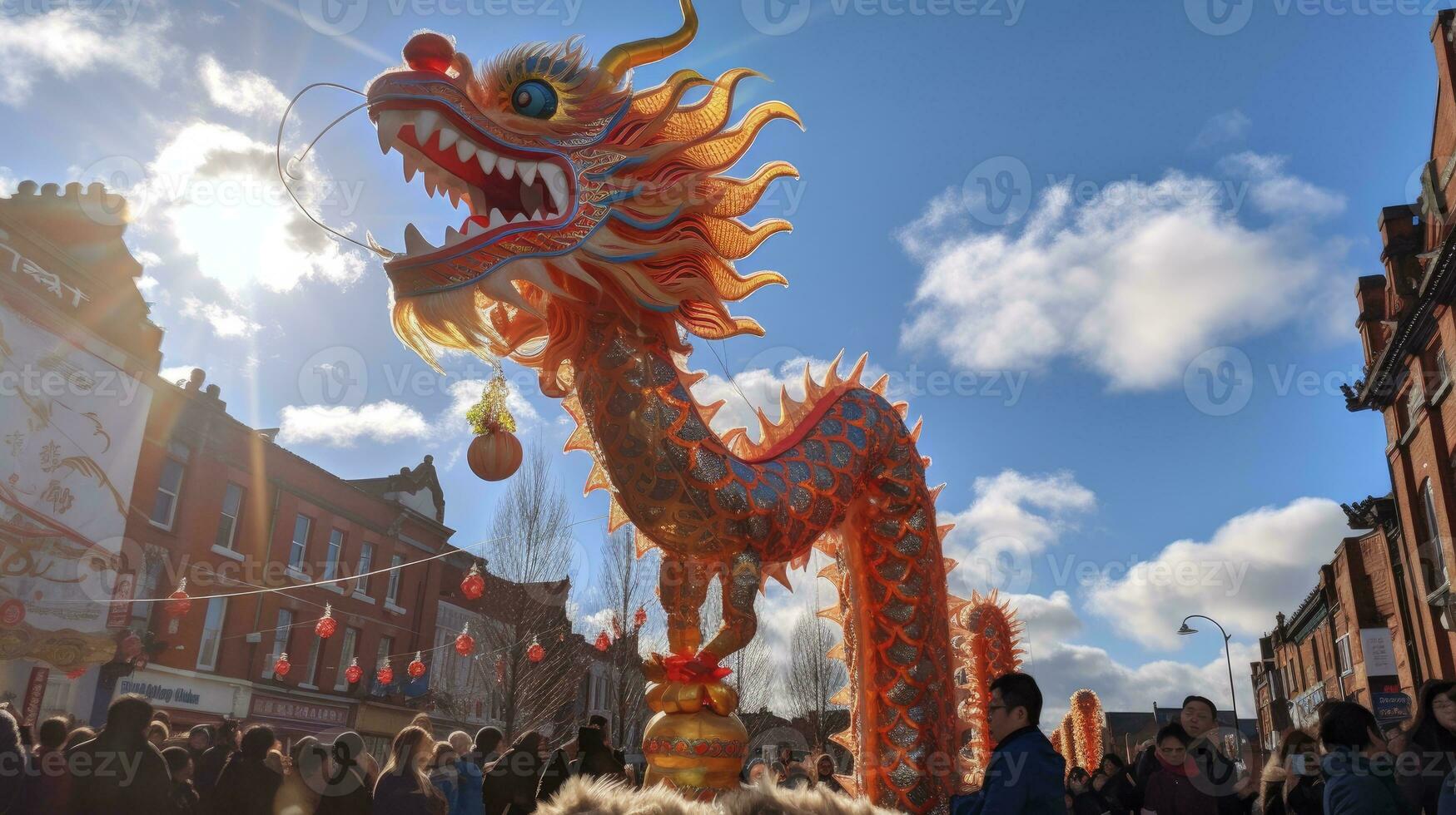 AI generated Chinese Dragon under a bright sky. AI Generated photo