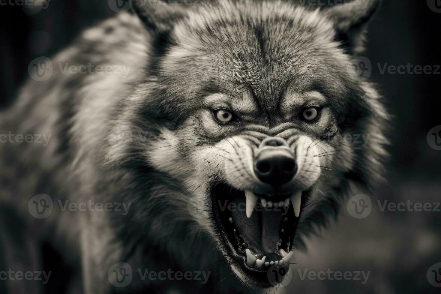 AI generated Greyscale closeup shot of an angry wolf with a blurred background. AI Generated photo