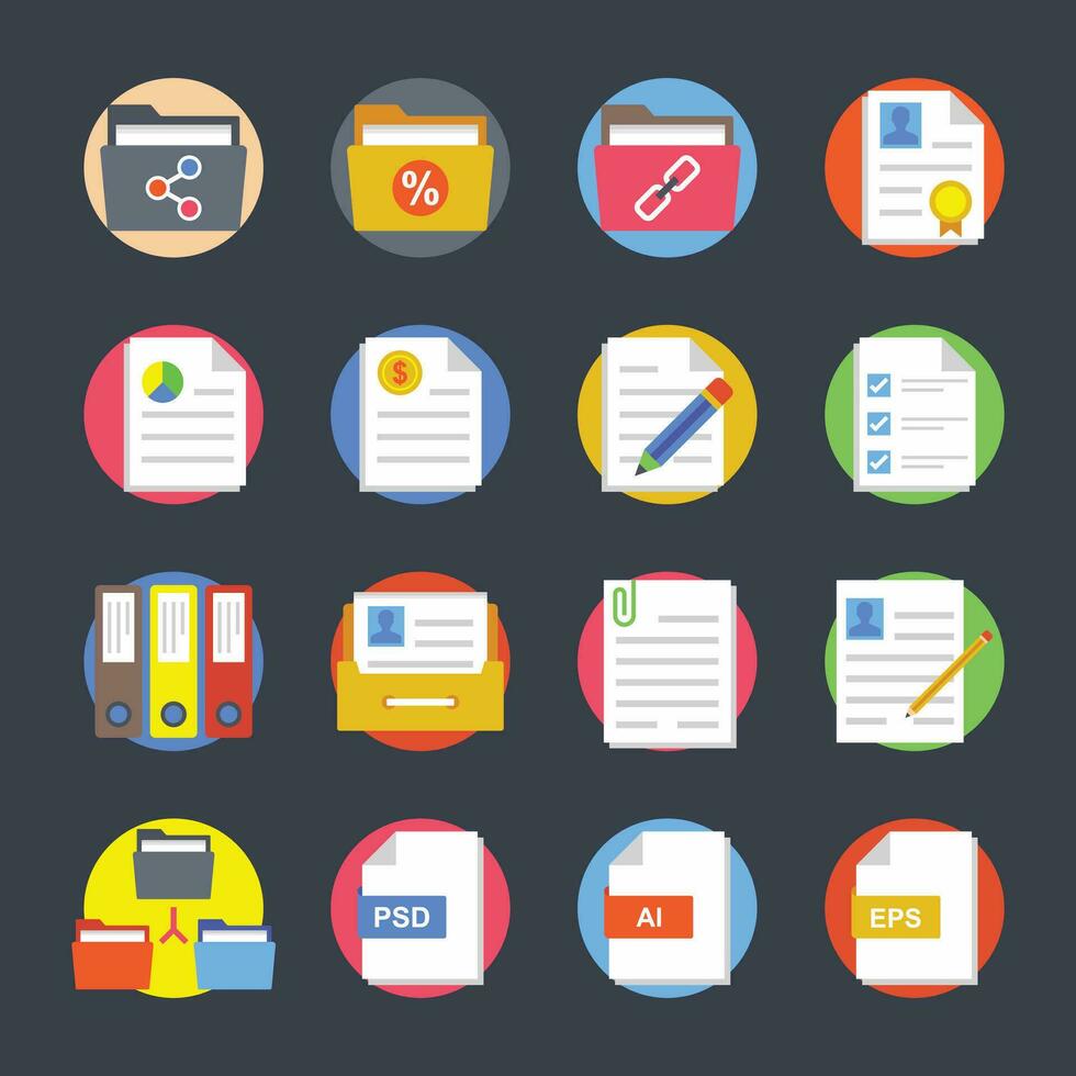 Types of Files and Folders Flat Icons vector