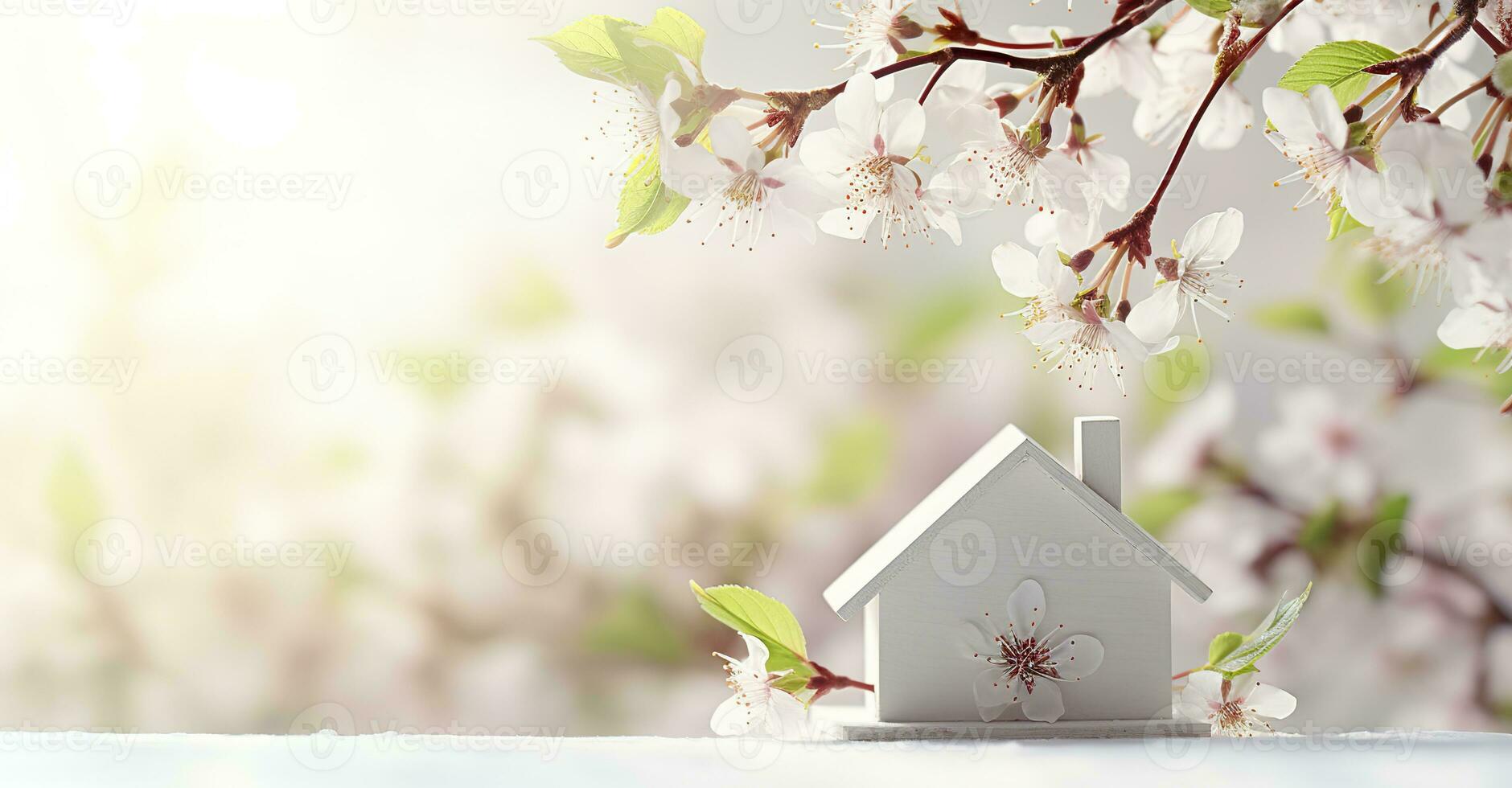 AI generated Toy house and cherry flowers, spring abstract natural background. Generative AI photo