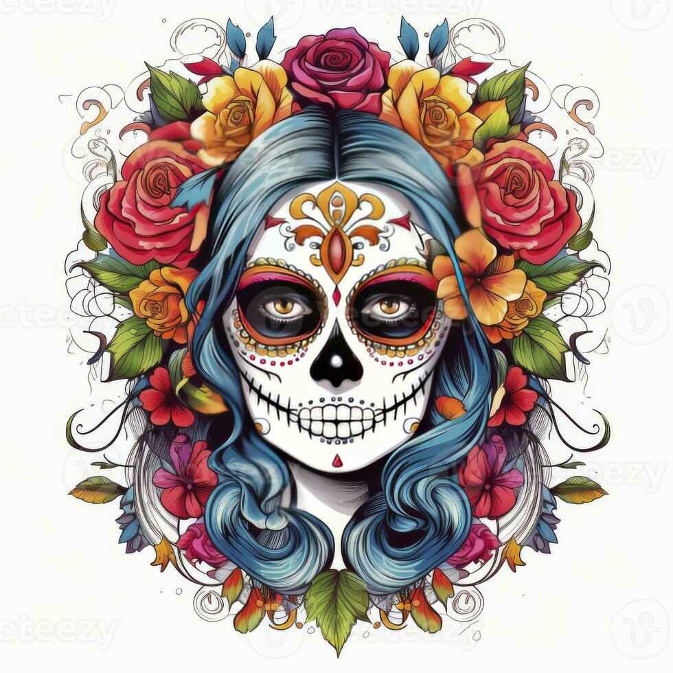 AI generated Woman sugar skull with beautiful colored flowers on white background. AI Generated photo