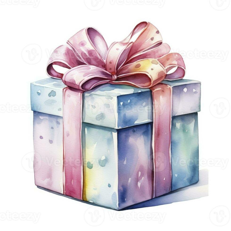 AI generated Watercolor birthday present with bow isolated on white background.  AI Generated photo