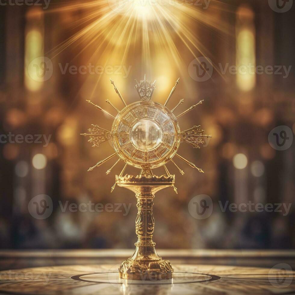 AI generated The golden monstrance with a little transparent crystal center, consecrated host. church defocused background. AI Generative photo