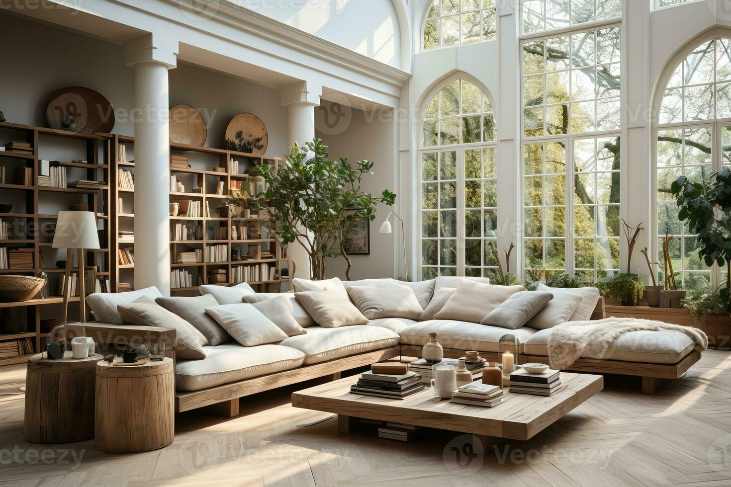 AI generated Scandinavian living room flooded with natural light through large windows photo