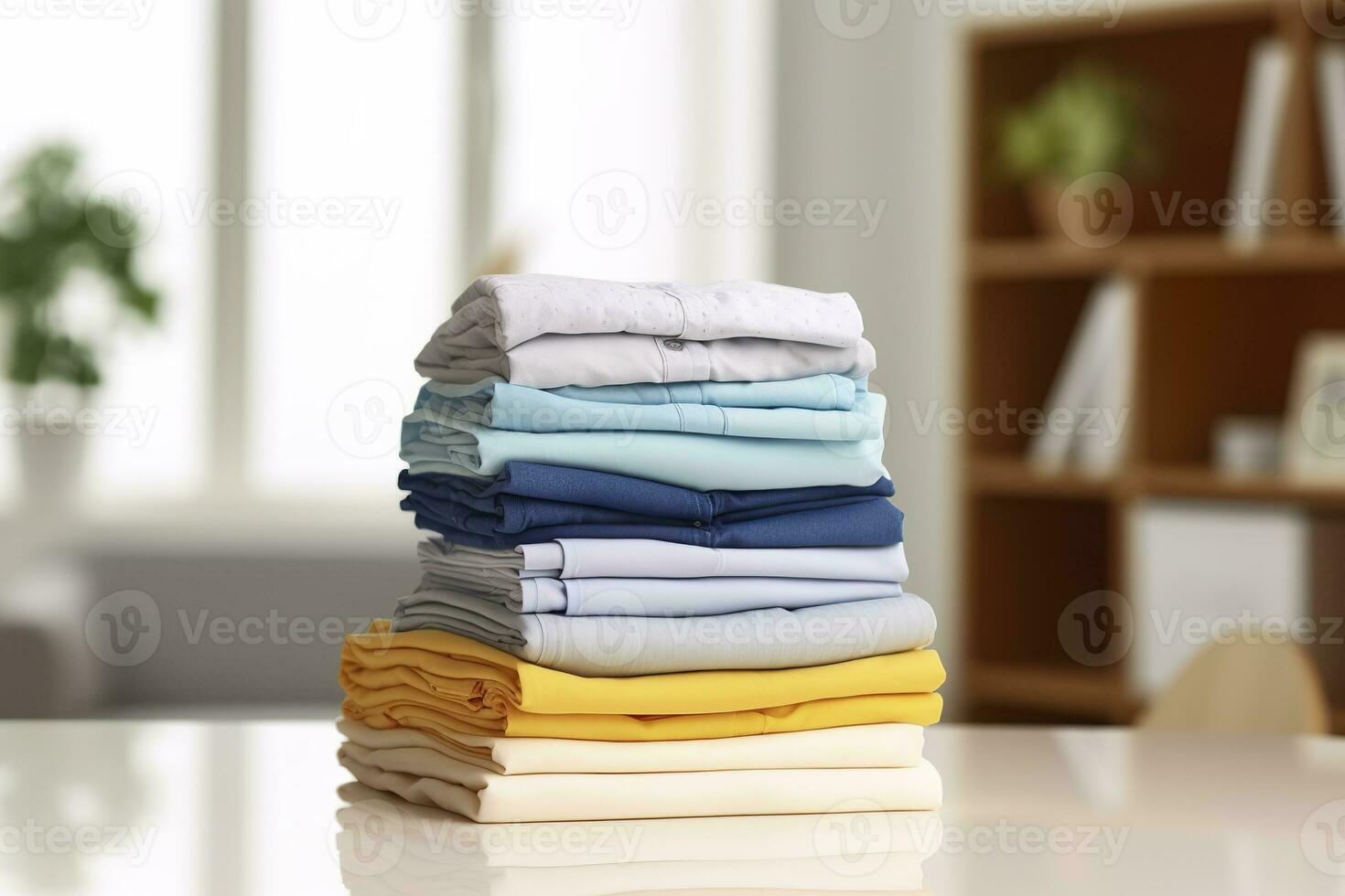 AI generated Stack of clean clothes on table in room. Generative AI photo