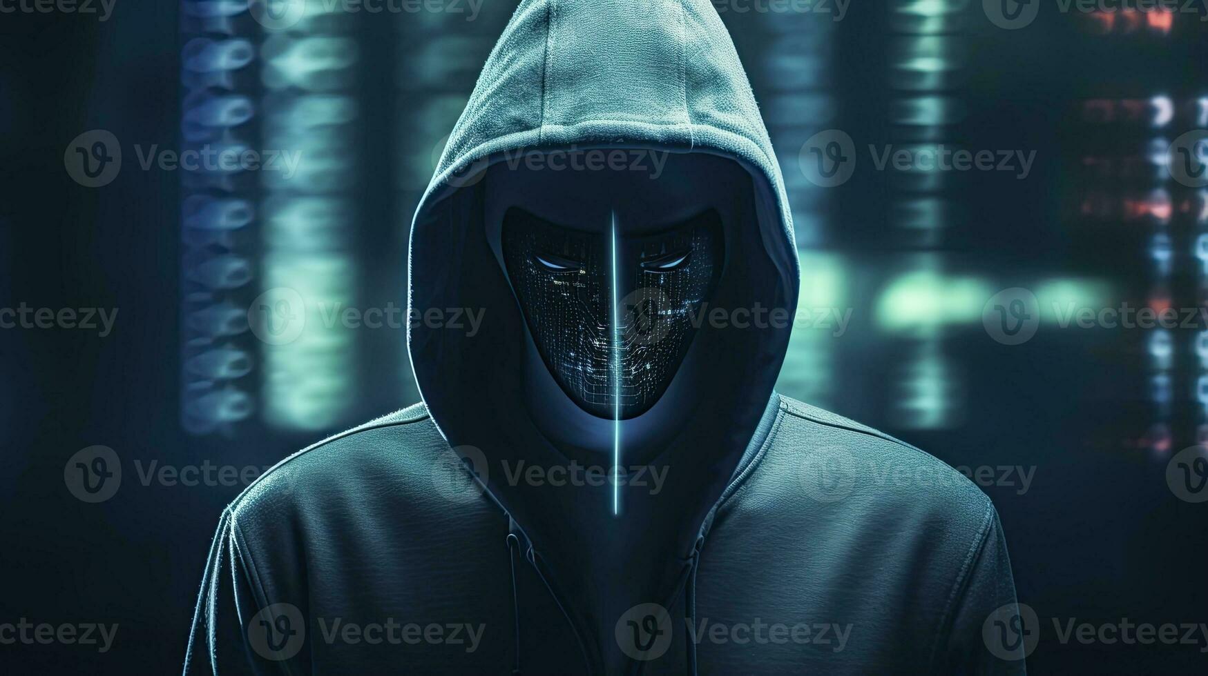 AI generated Binary Intrigue. Anonymous robotic hacker. Concept of hacking. AI Generated photo