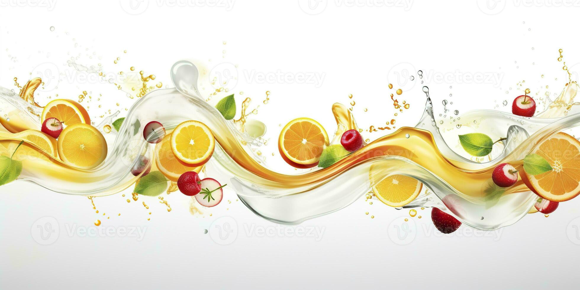 AI generated Swirl water splash with fruits. liquid flow with ice cubes and a mix of fresh fruits. Generative AI photo