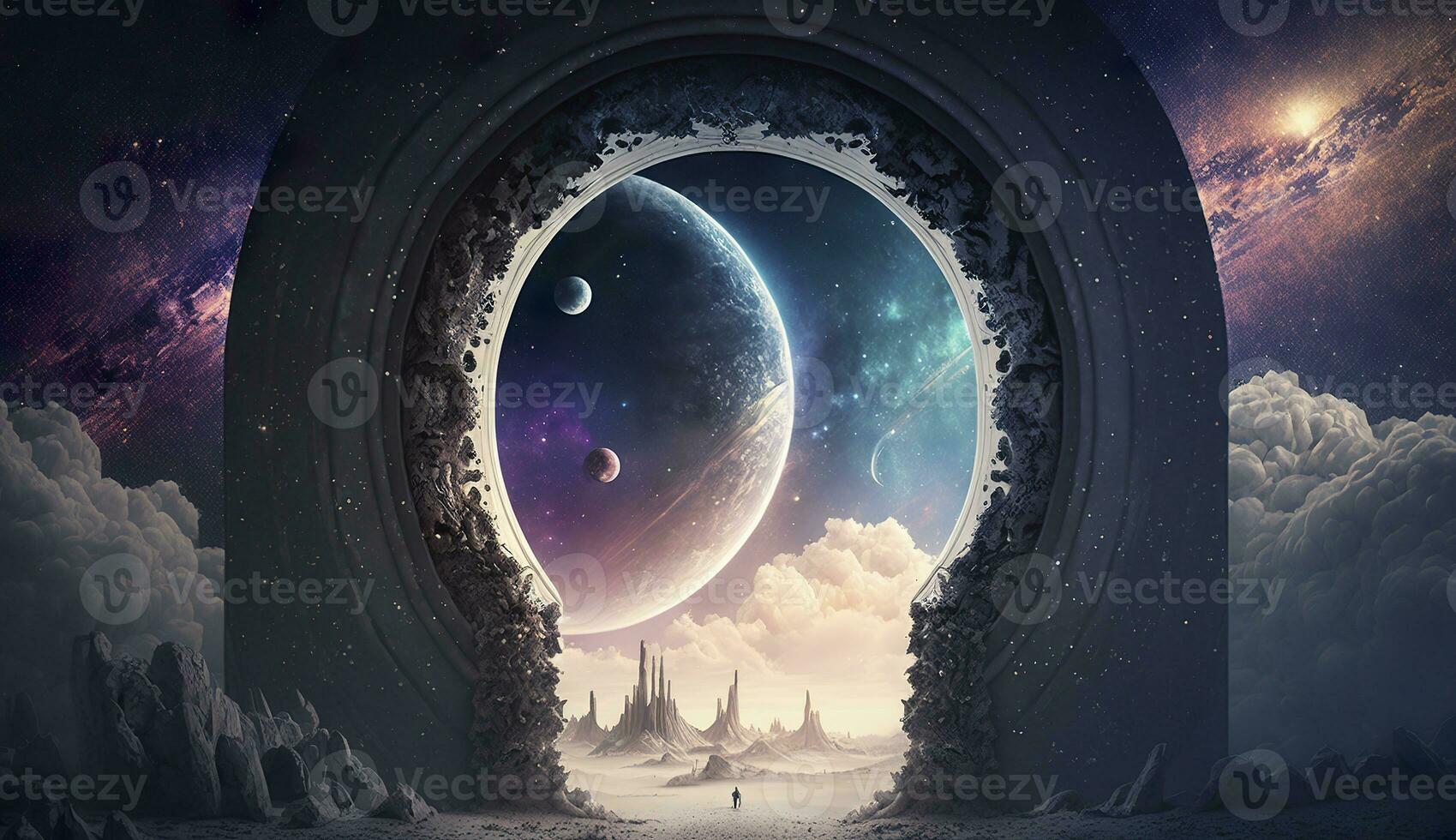 AI generated Portal to another world. Futuristic cosmic landscape with circle tunnel in starry sky. Generative AI photo