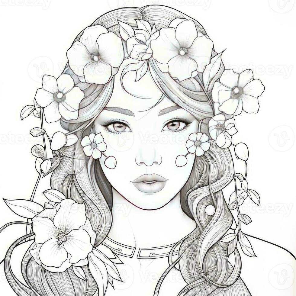 AI generated A girl on a coloring book page with Jasmine flowers. AI Generated photo