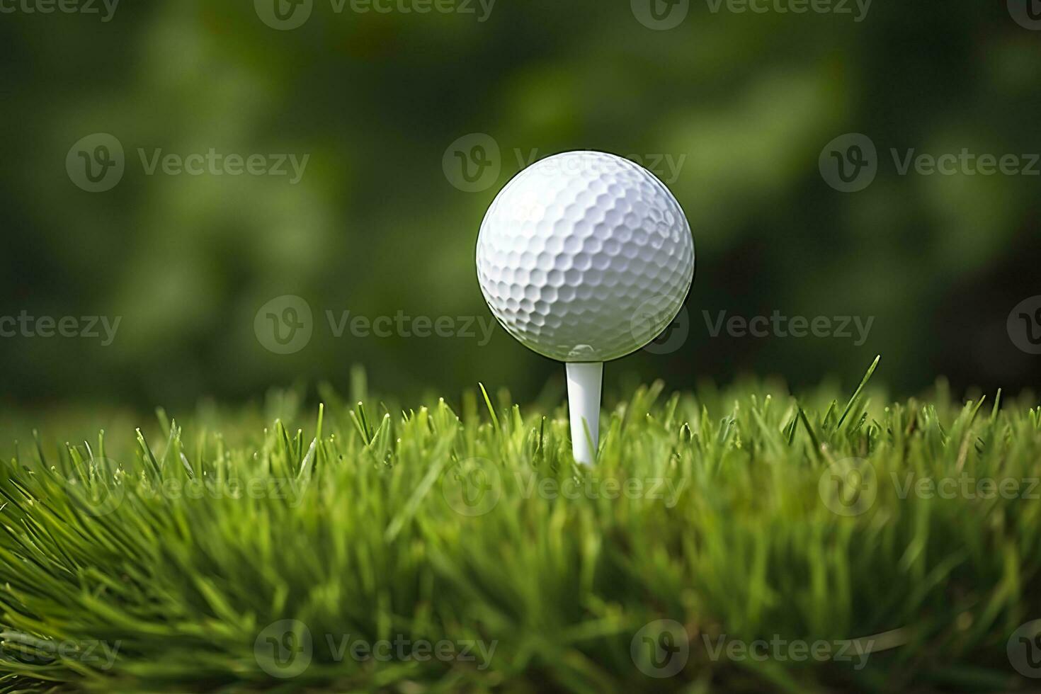 AI generated White golf ball on wooden tee with grass. Generative AI photo