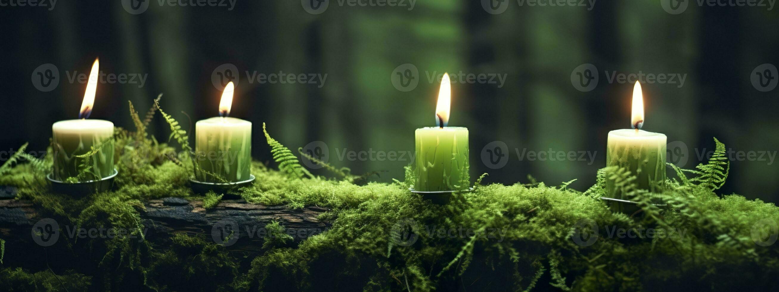 AI generated Burning candles on moss, dark green blurred the natural background. Magic candle. Generative AI photo