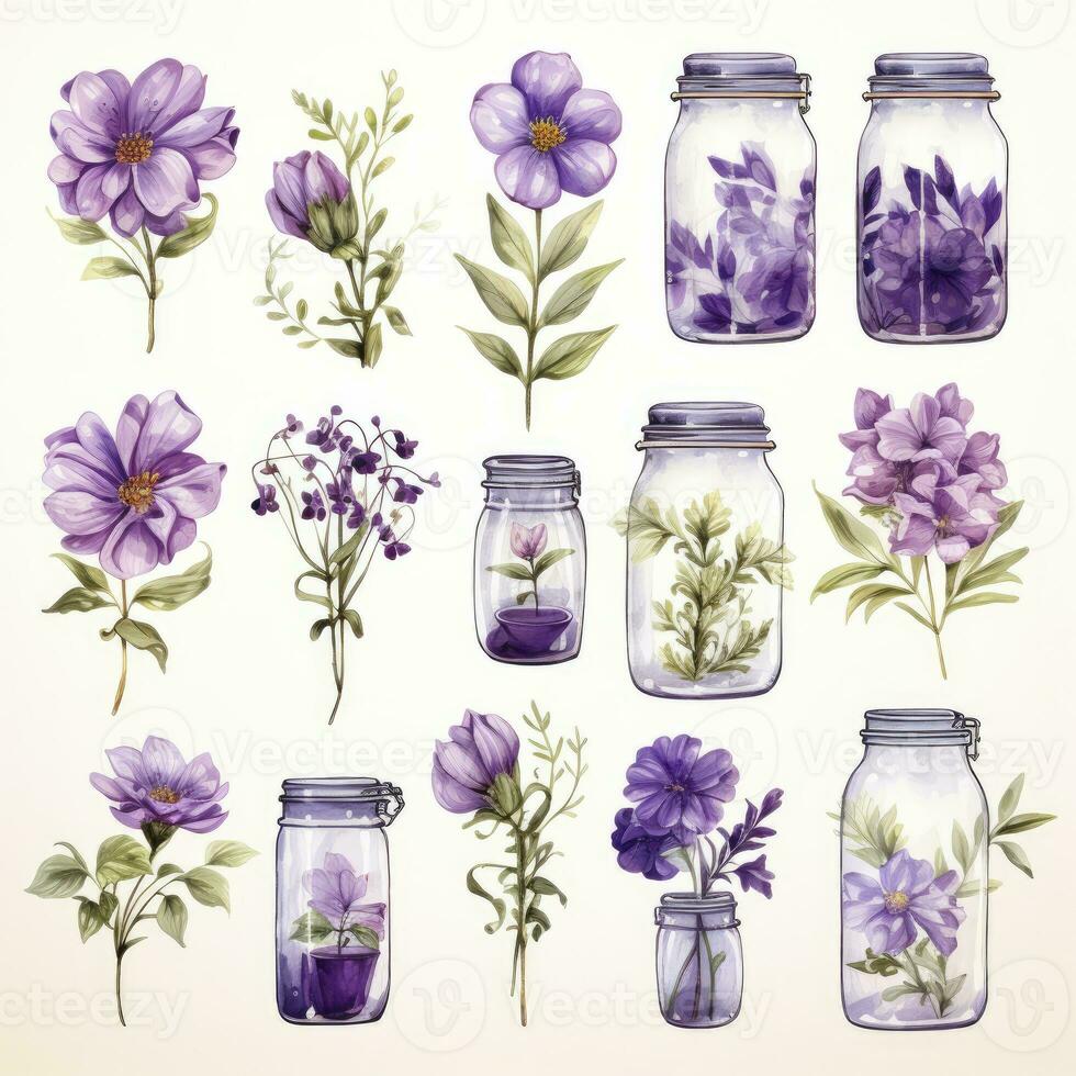 AI generated Collection of watercolor mason jars with purple flowers clipart. AI Generated photo