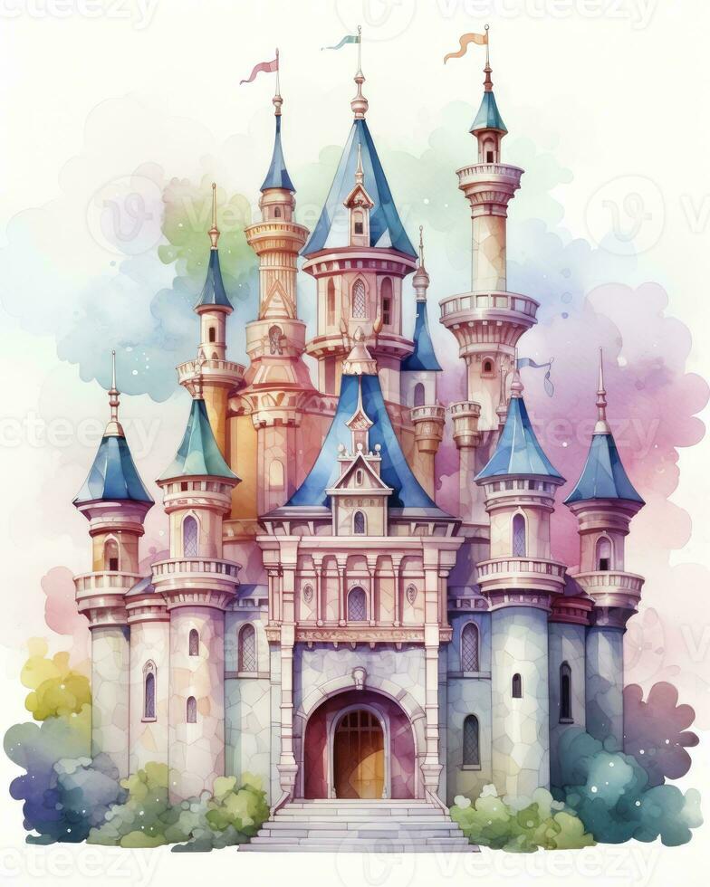 AI generated Colorful watercolor kawaii castle isolated on white background. AI Generated photo