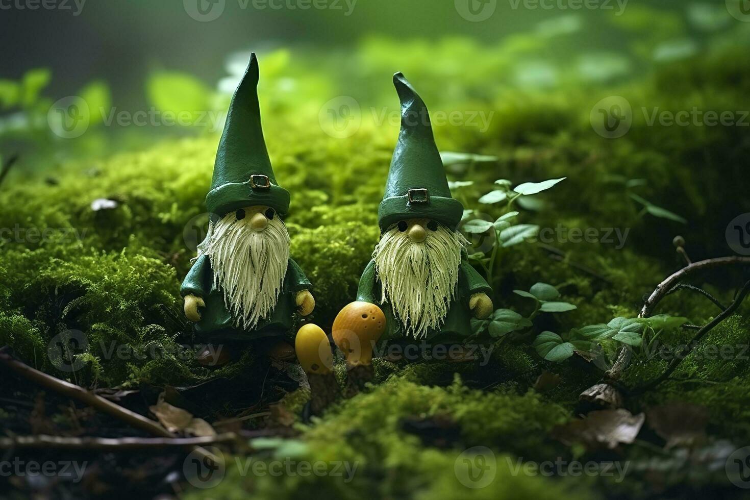 AI generated Toy Irish gnomes in a mystery forest, abstract green natural background. Generative AI photo