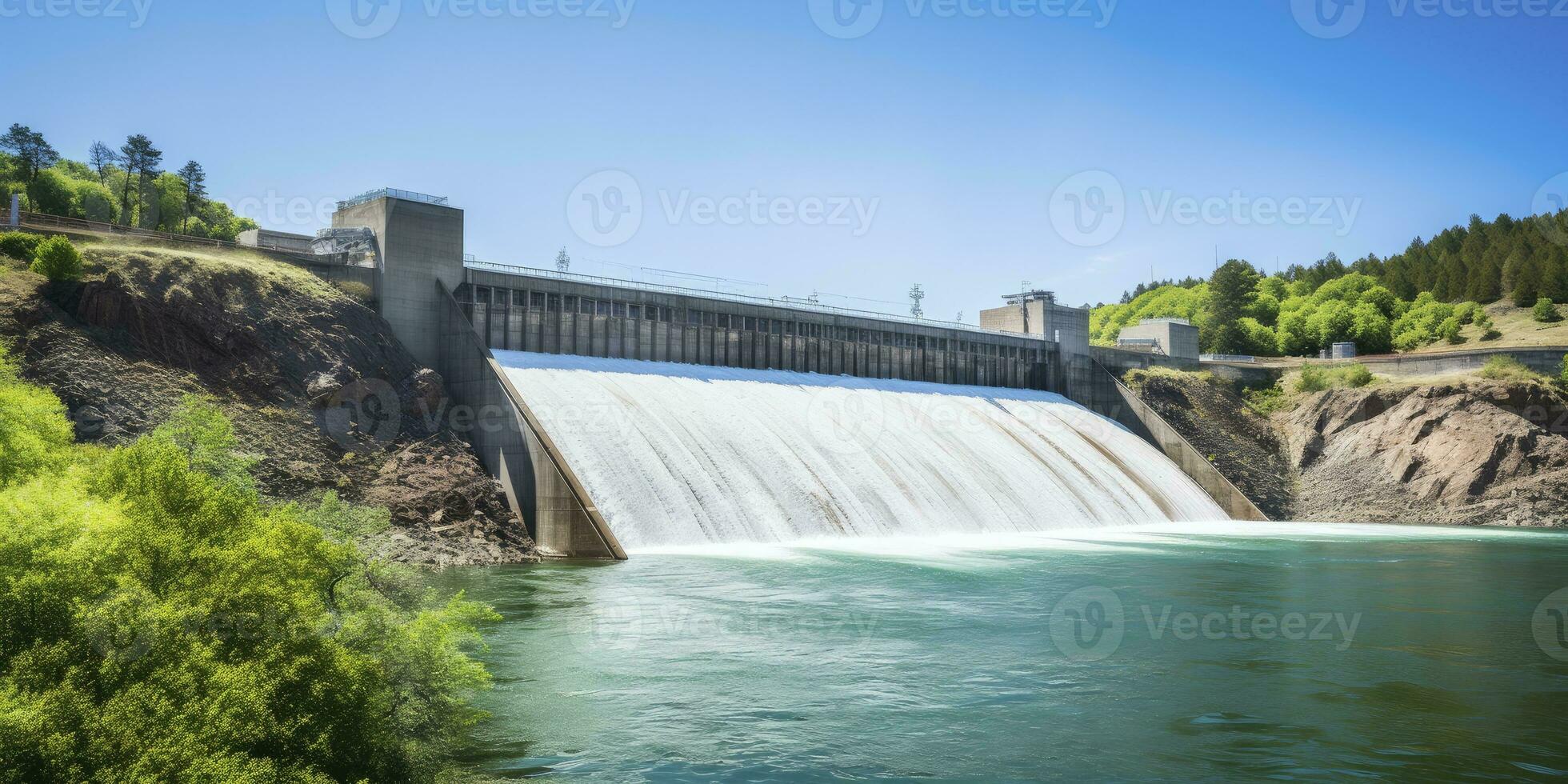 ai generado hidroeléctrico represa generando verde energía desde fluido agua. ai generado. foto