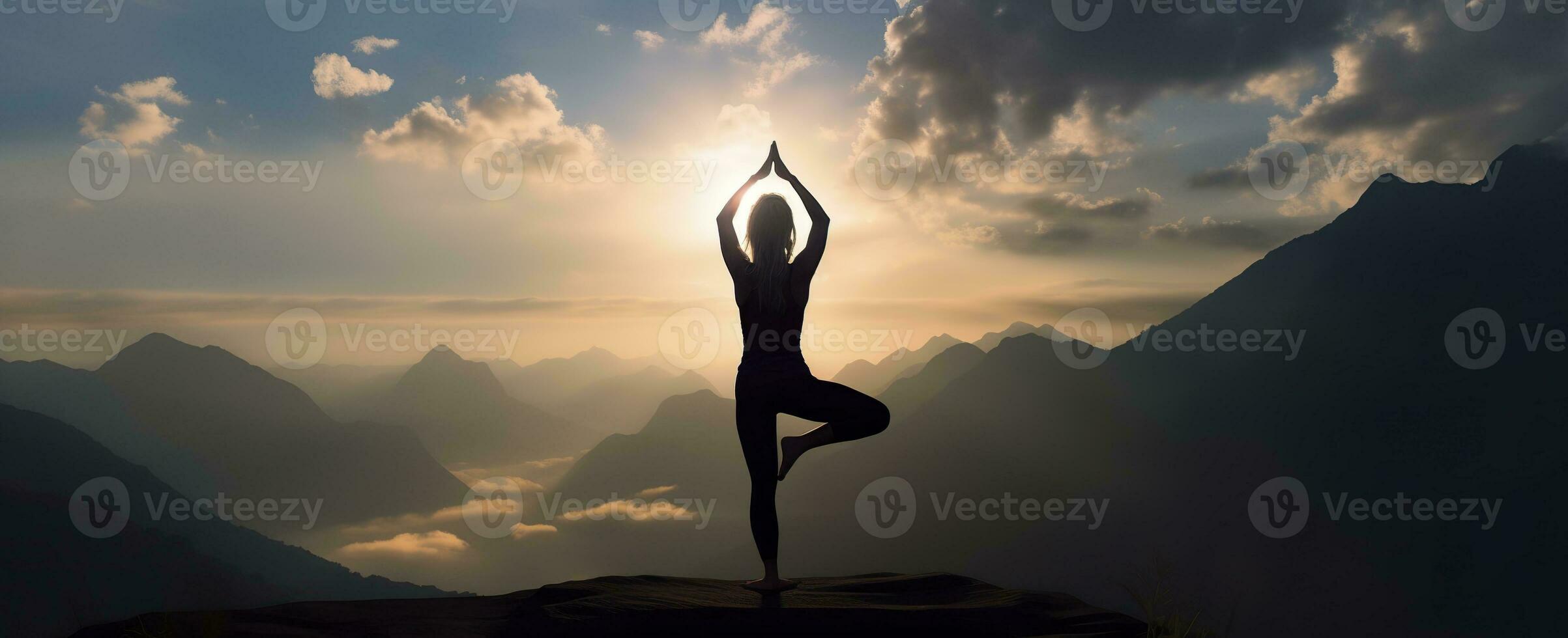 AI generated silhouette of a woman practicing yoga in the summit with mountain Background. AI Generated photo