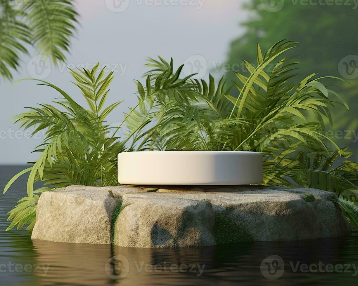 AI generated Stone product display podium for cosmetic product with green nature garden background. Generative AI photo