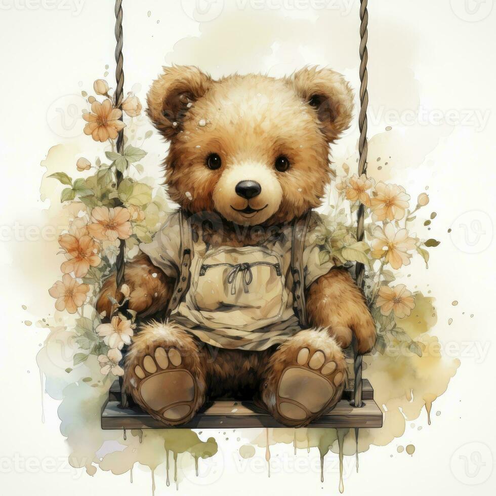 AI generated A cute happy teddy bear swings on a tree on a white background. AI Generated photo