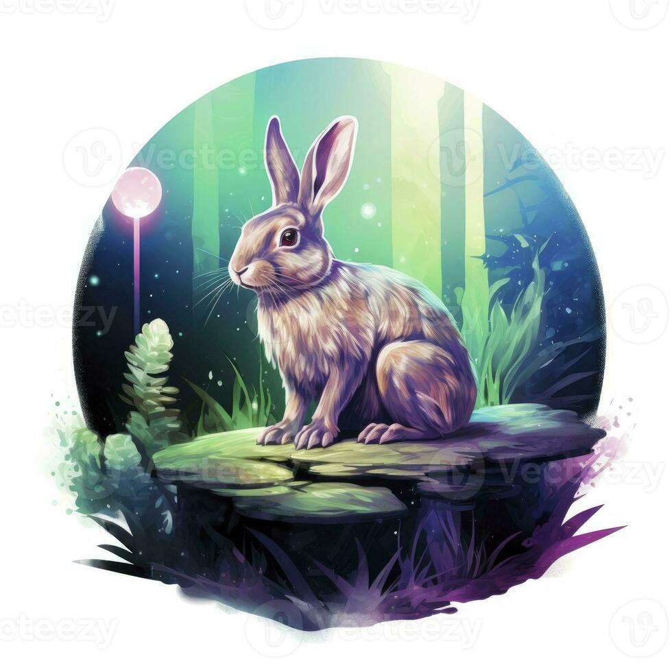AI generated Watercolor Rabbit and Glowing Moon for T-shirt Design. AI Generated photo