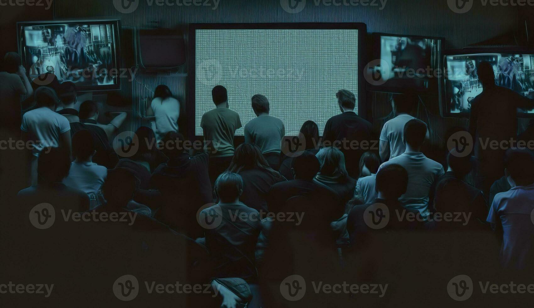 AI generated People crowd watching TV. TV addiction, propaganda and fake news concept. Generative AI photo