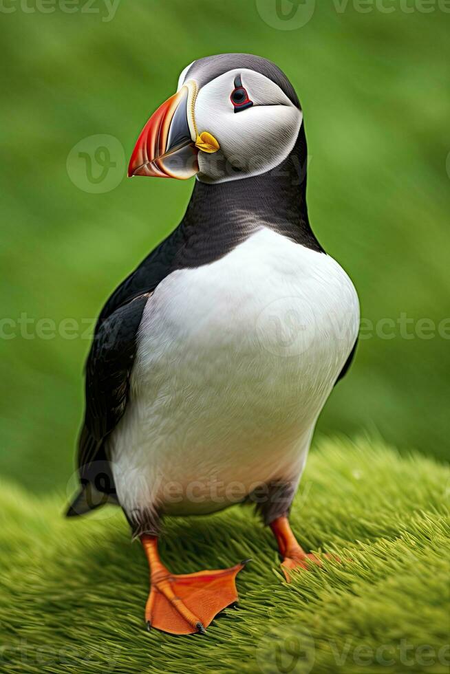 AI generated Puffin bird on a green grass patch. AI Generated photo