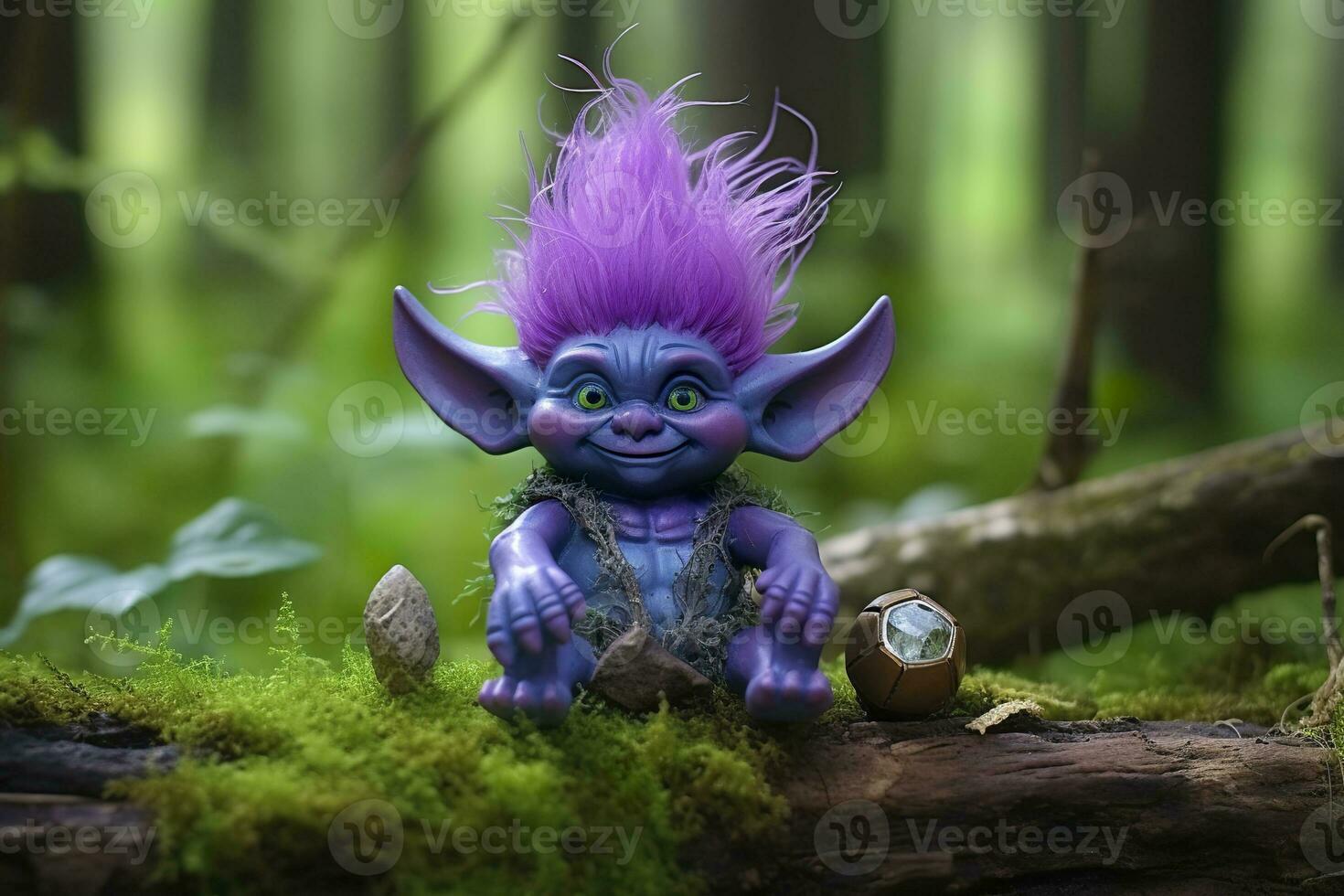 AI generated Tale troll with crystals in the forest, natural green background. Generative AI photo