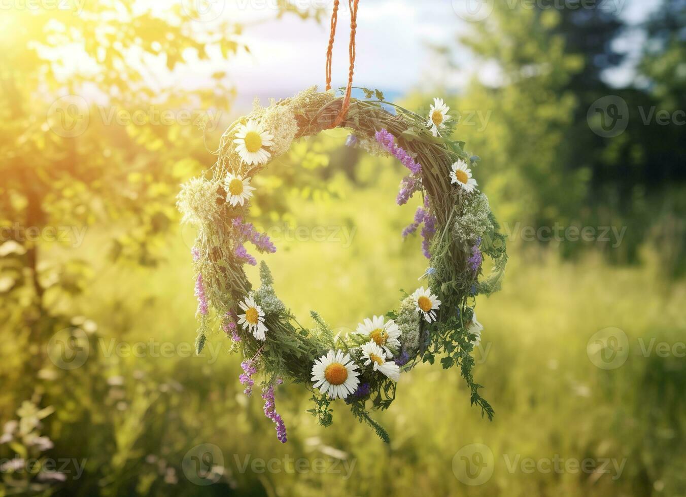 AI generated Rustic wildflowers wreath on a sunny meadow. Summer Solstice Day, Midsummer concept. Generative AI photo