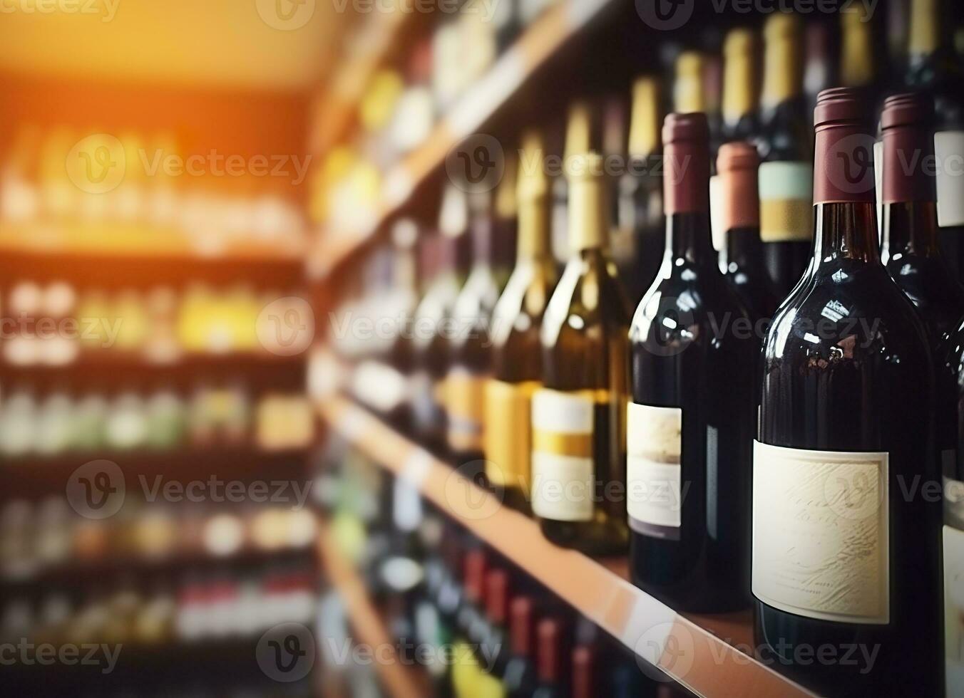 AI generated Abstract blur wine bottles on liquor alcohol shelves in supermarket store background. Generative AI photo