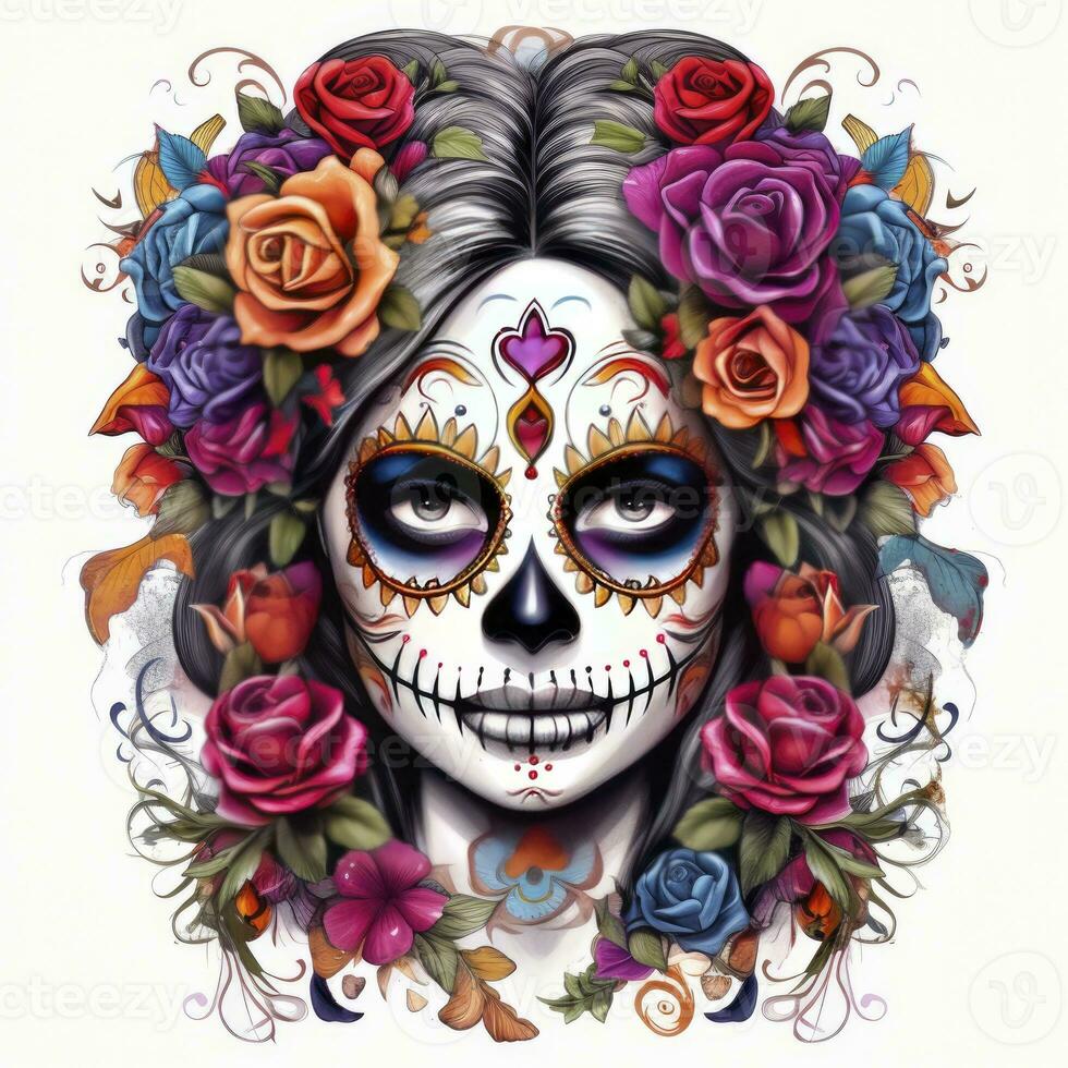 AI generated Woman sugar skull with beautiful colored flowers on white background. AI Generated photo