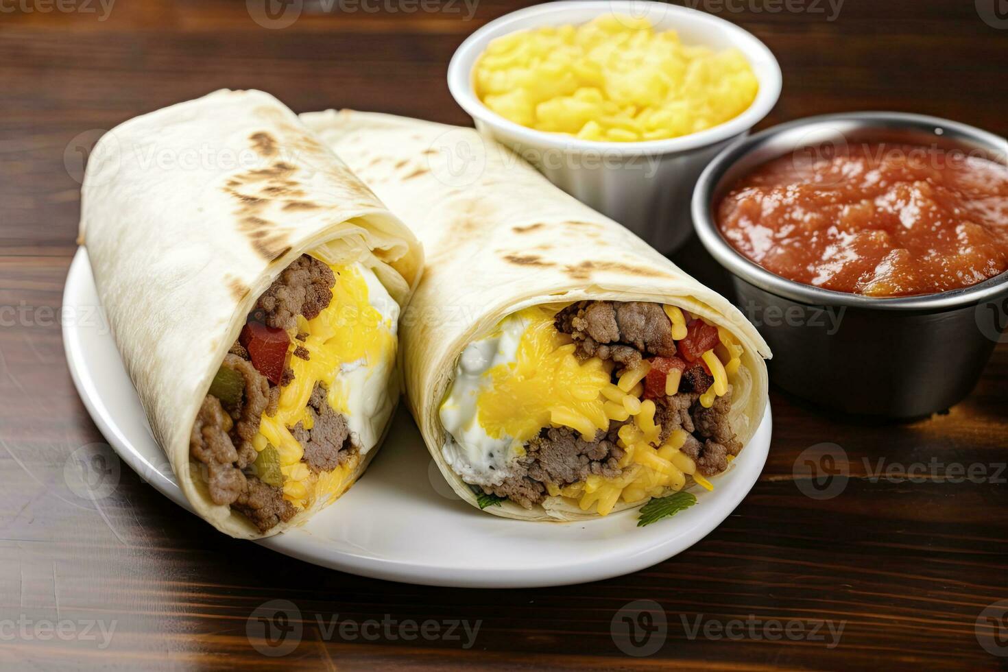 AI generated Breakfast burrito with sausage, eggs, hashbrown and cheese. AI Generated photo