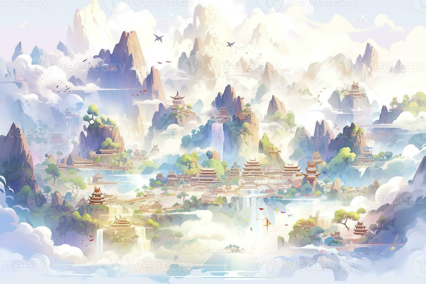 AI generated Chinese landscape map, distant mountains, clear rivers, ancient buildings, ships, birds, clouds and mist, brilliant light, AI Generative photo