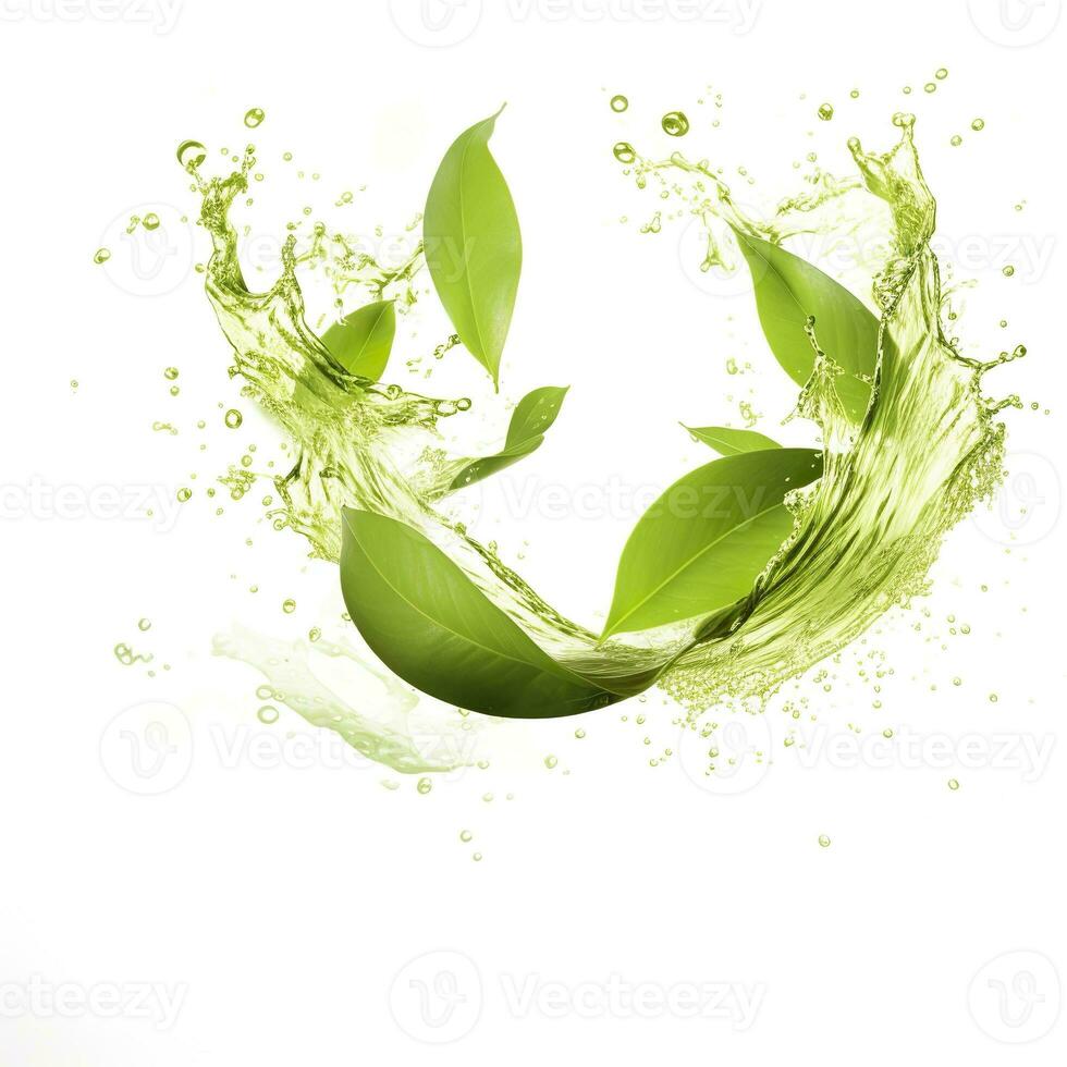 AI generated Green herbal tea wave splash with leaves flow. AI Generated photo