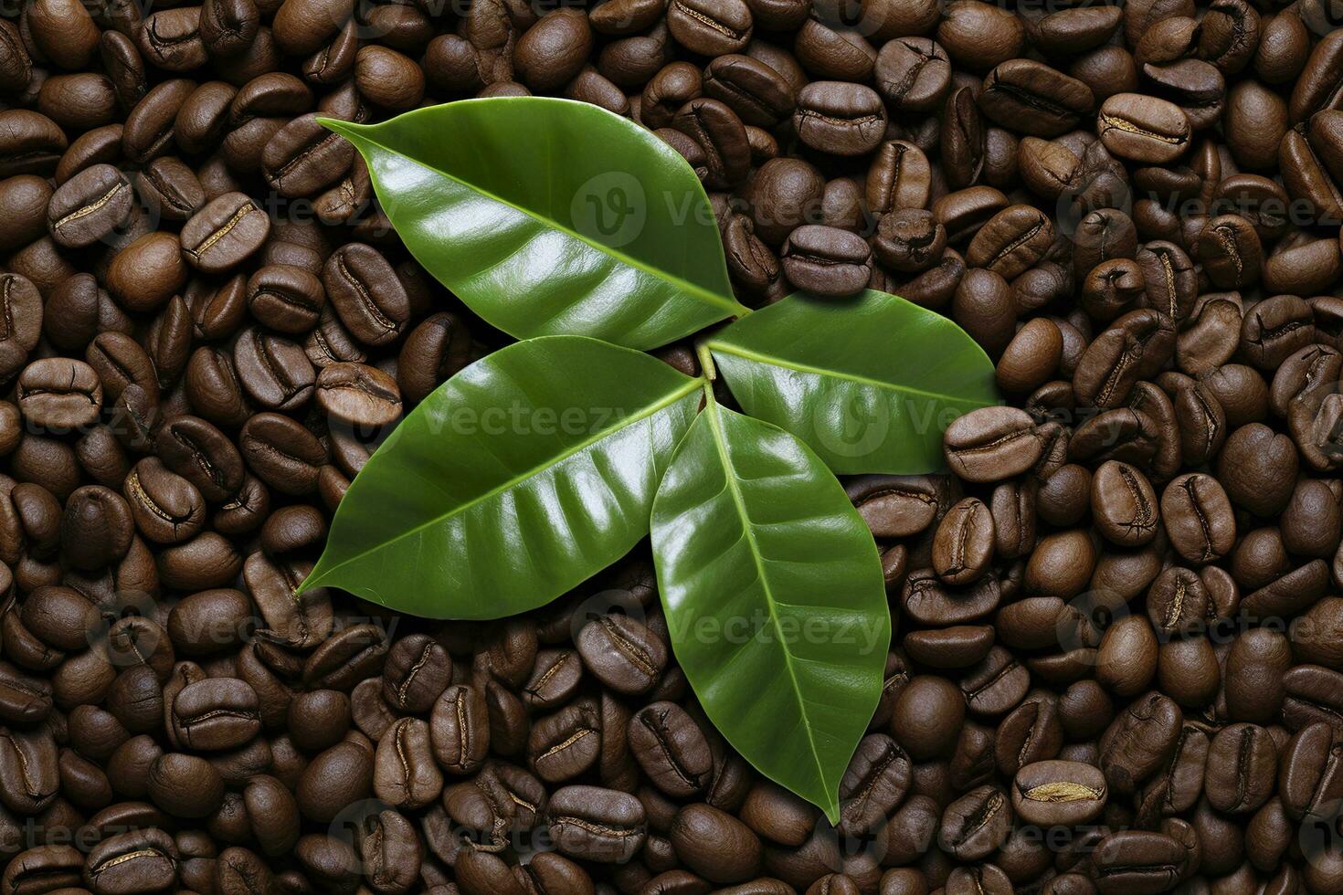 AI generated Green leaves with coffee beans as background. AI Generated photo