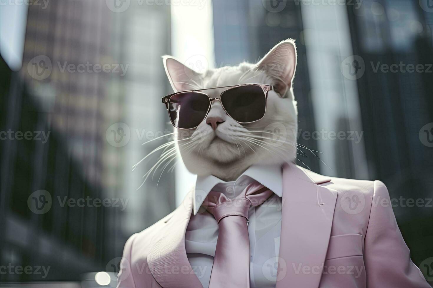 AI generated A cat is wearing sunglasses, suit and standing on street. AI Generated photo