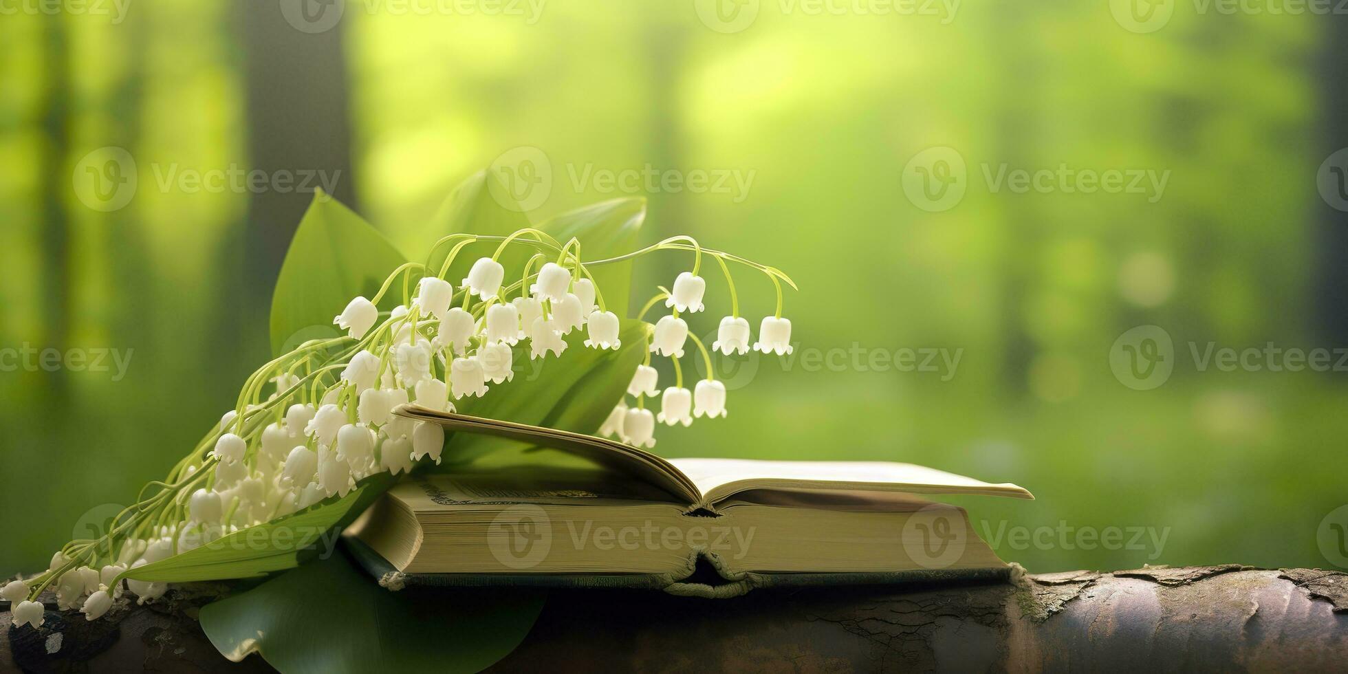 AI generated Lily of the Valley flowers and old books in the forest, green natural background. AI Generated photo