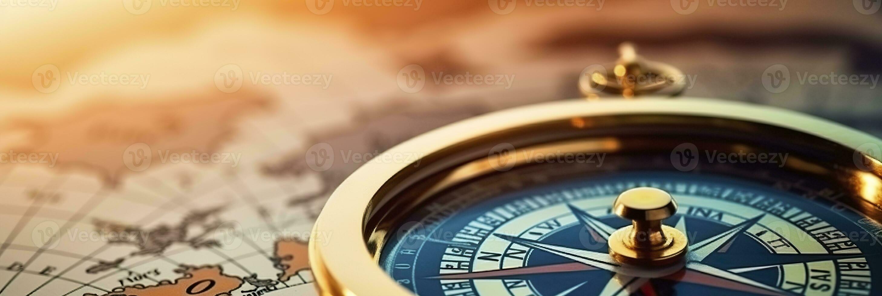 AI generated Magnetic compass and location marking with a pin on routes on world map. AI Generated photo