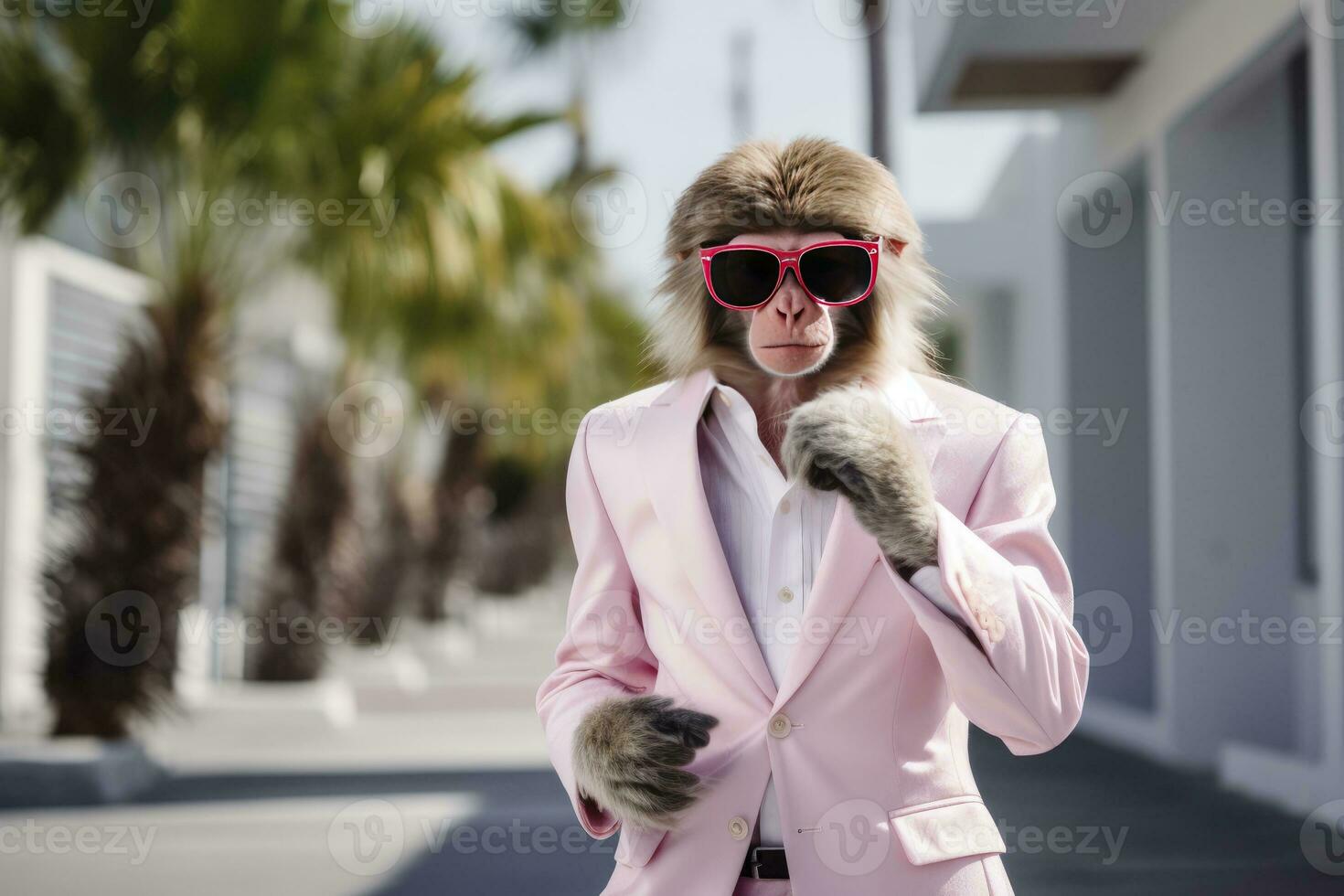 AI generated A Monkey is wearing sunglasses, suit and standing on street. AI Generated photo