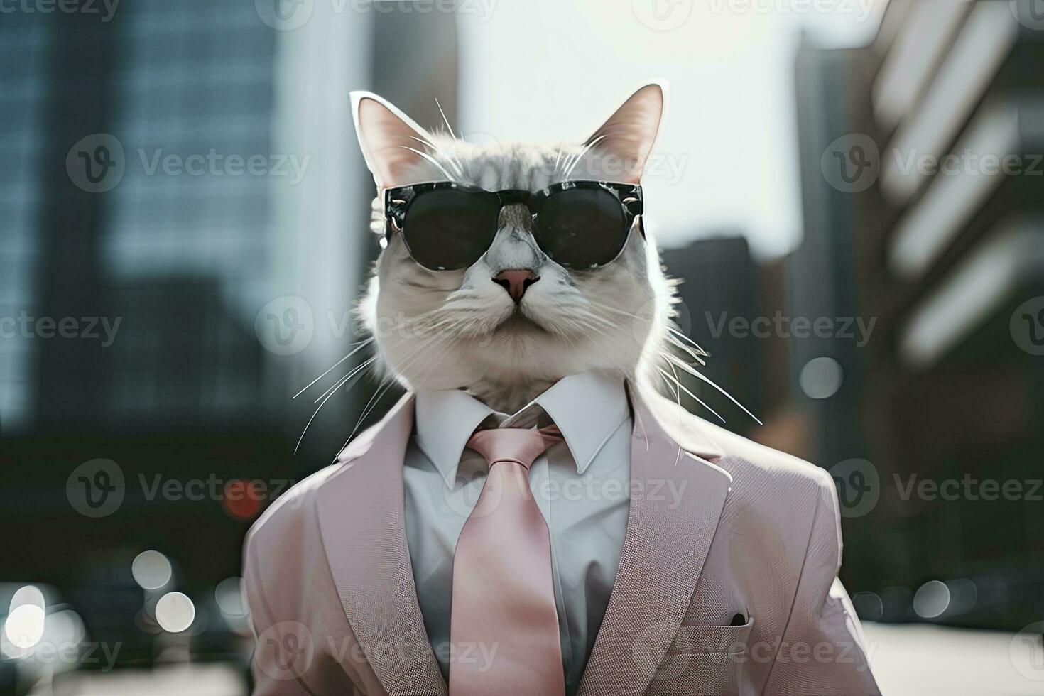 AI generated A cat is wearing sunglasses, suit and standing on street. AI Generated photo