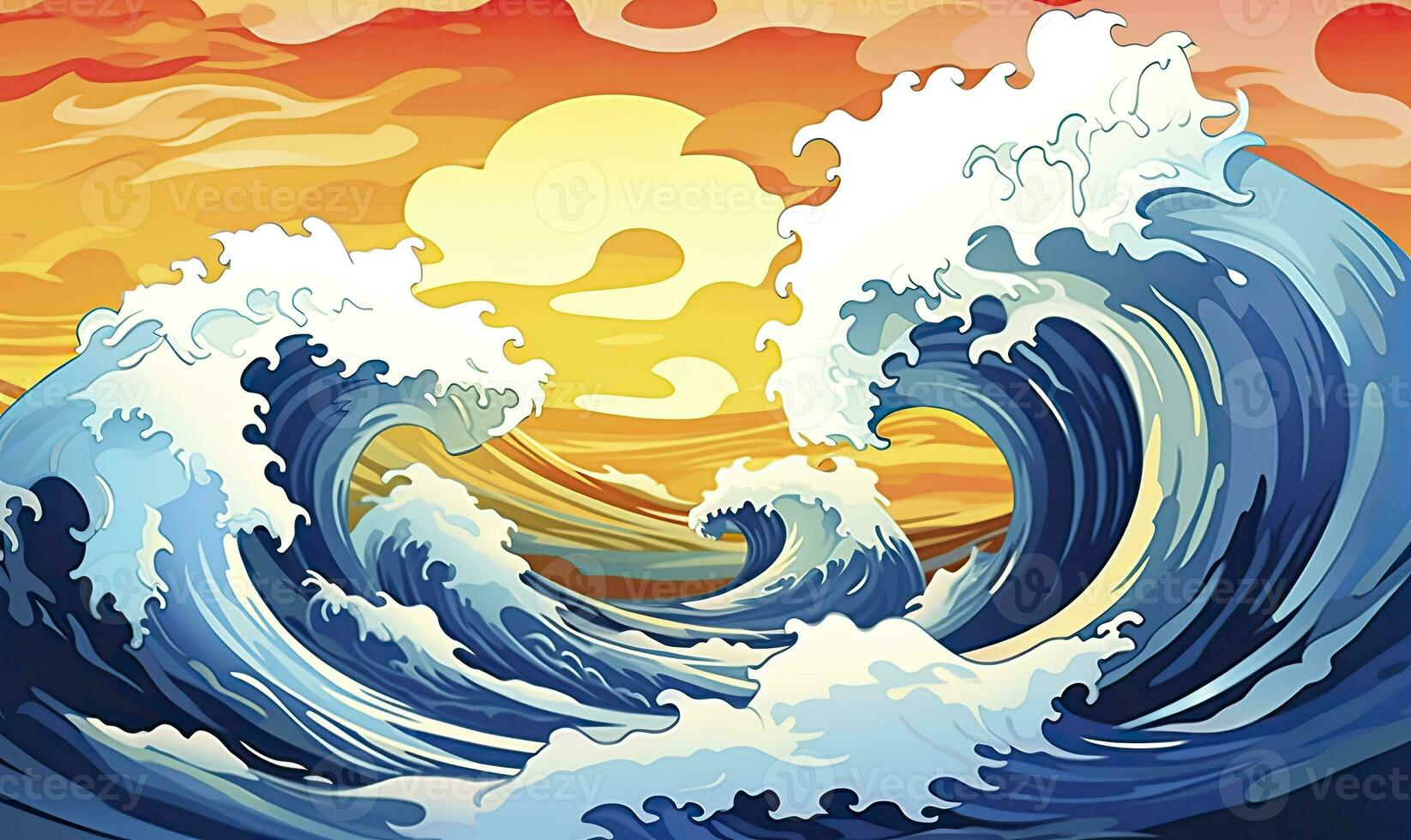 AI generated Ocean wave sun clouds, blue yellow abstract ocean wave. AI Generated. photo