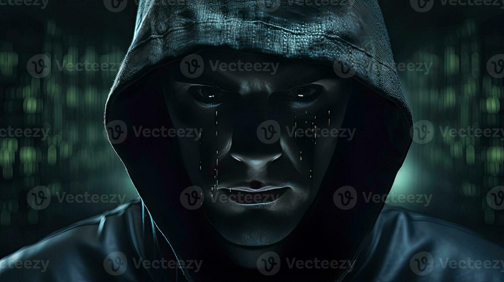 AI generated Binary Intrigue. Anonymous robotic hacker. Concept of hacking. AI Generated photo