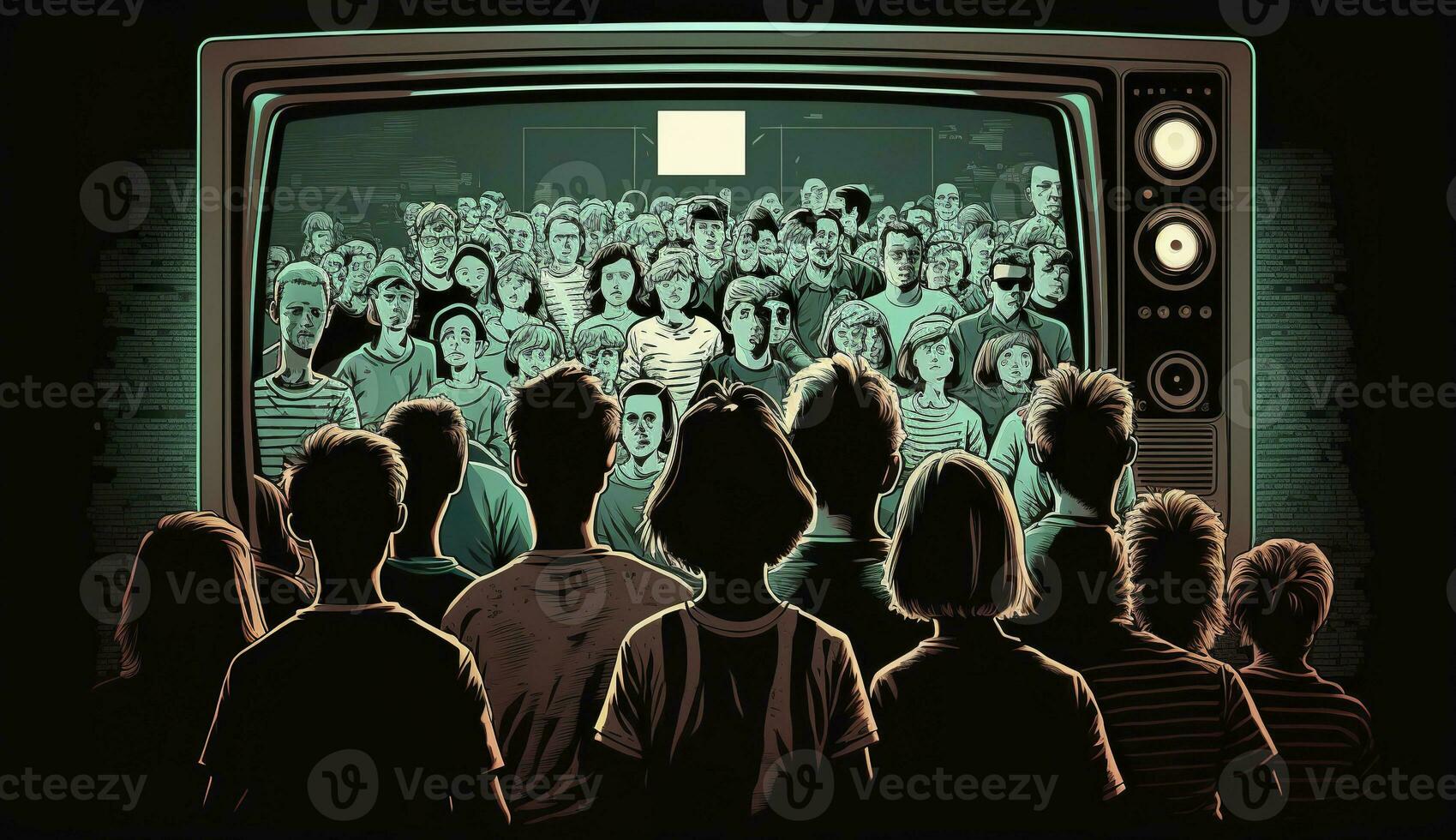 AI generated People crowd watching TV. TV addiction, propaganda and fake news concept. Generative AI photo