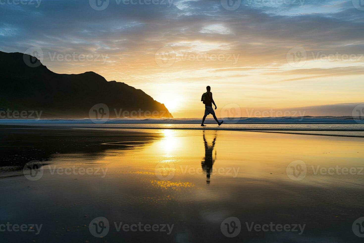 AI generated A person walking on the beach at sunset. AI Generated. photo