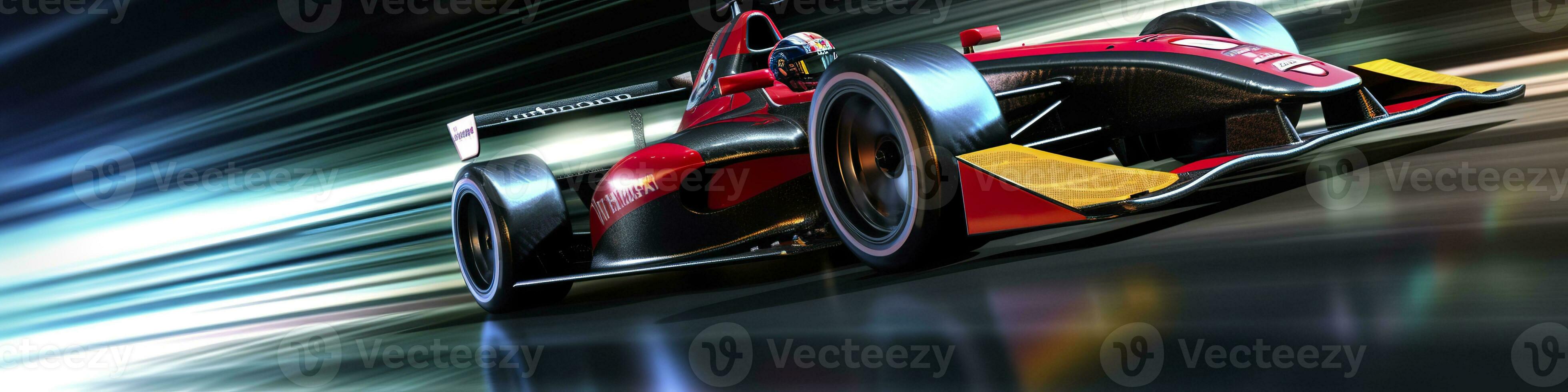 AI generated Racing car at high speed. Racer on a racing car passes the track. Motor sports competitive team racing. Motion blur background. Generative AI photo