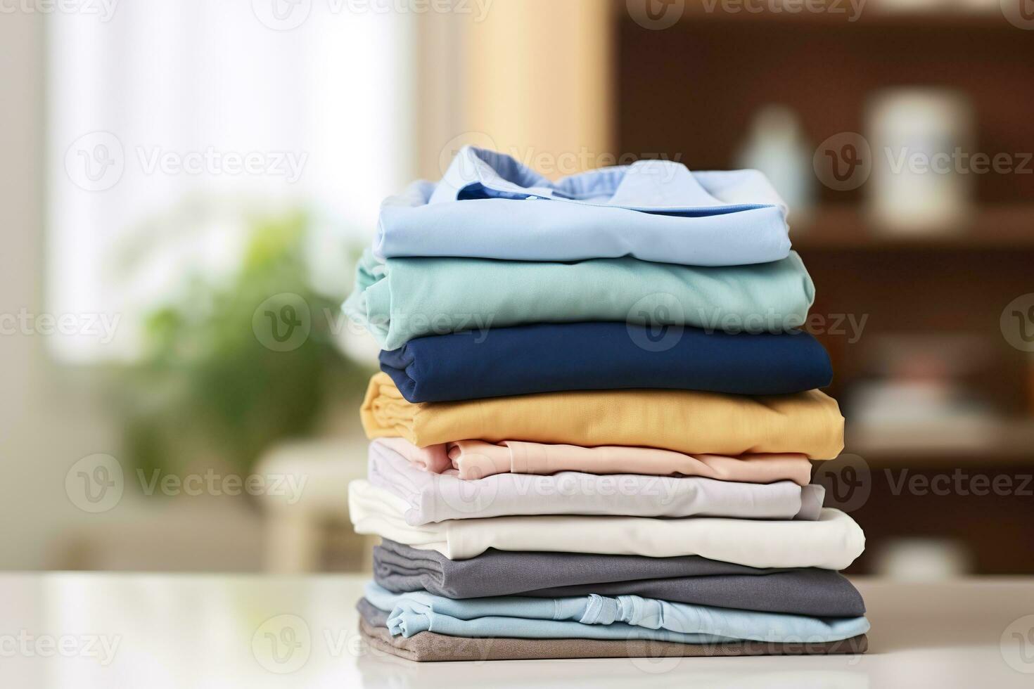 AI generated Stack of clean clothes on table in room. Generative AI photo