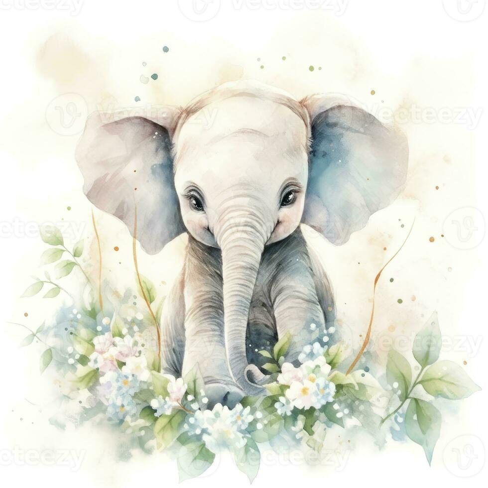 AI generated Watercolor Baby Elephant. AI Generated photo