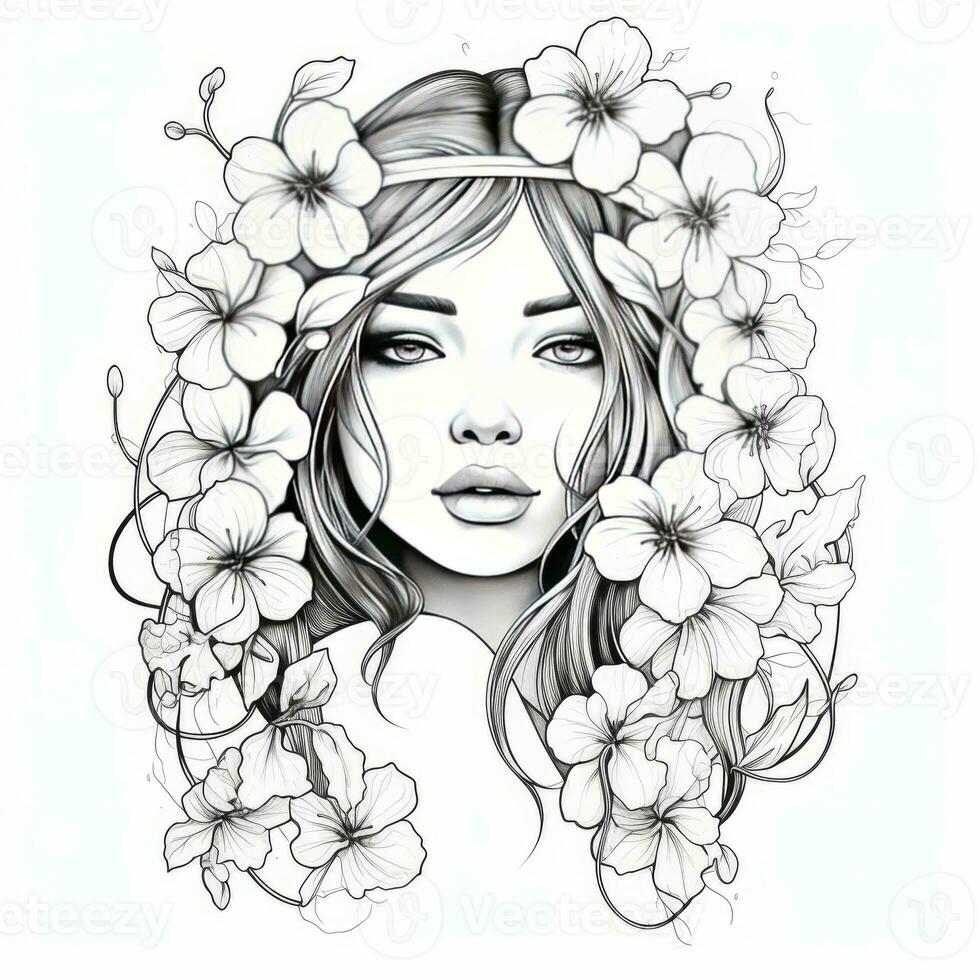 AI generated A girl on a coloring book page with Jasmine flowers. AI Generated photo